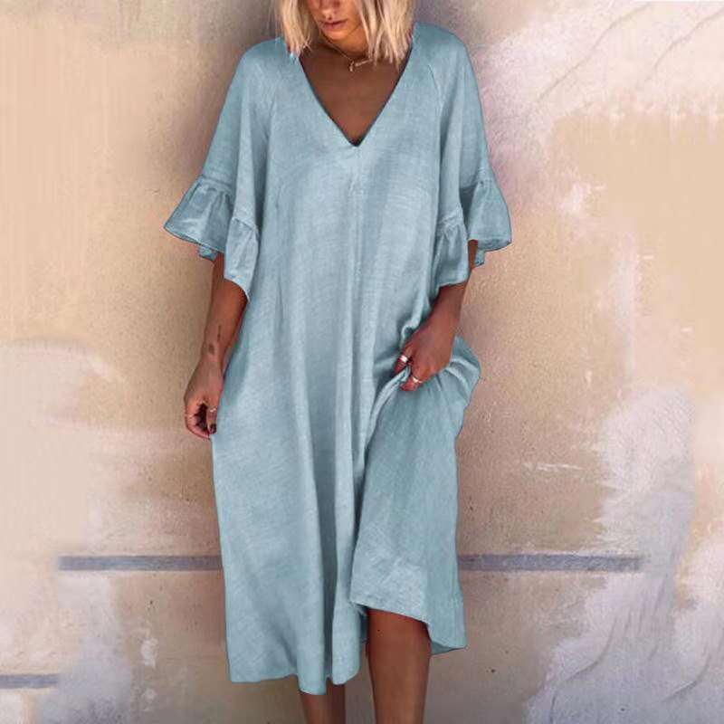 New European And American Solid Color Sexy V-Neck Patchwork Loose Dress B1