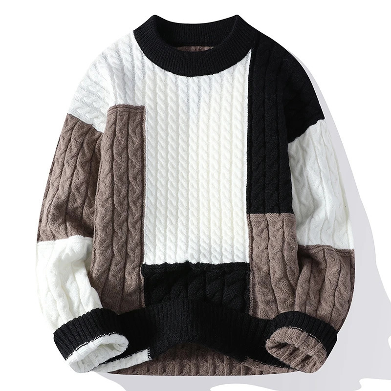 winter fashion patch work loose sweater mens street clothing high-quality mens casual sweater warm knit fleece mens clothing 241126