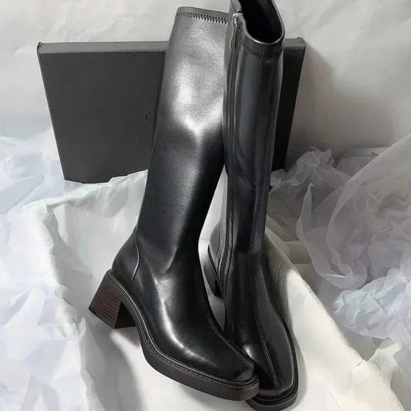 Female Shoes on Sale High Quality Side Zip Womens Boots Autumn Winter Square Toe Solid High Tube Block Heels Fashion Boots 241114