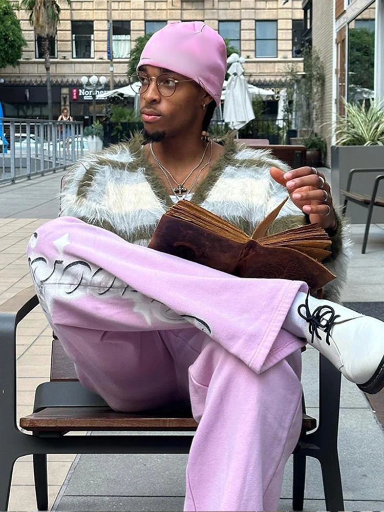 Mens V-neck long sleeved striped plush cardigan casual and comfortable Harajuku loose sweater autumn mens high street top 241126