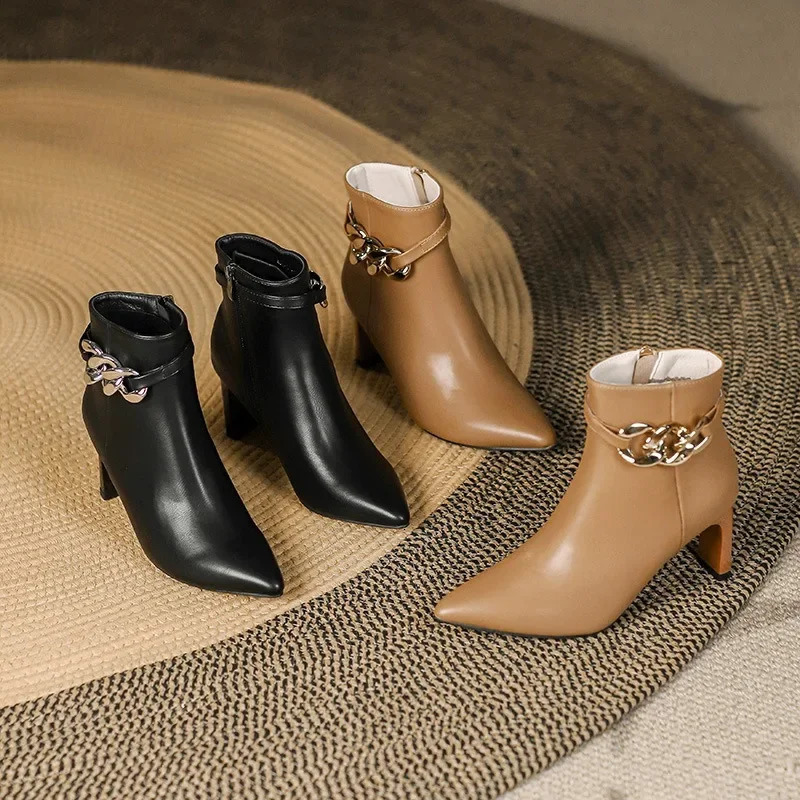 Niche comfortable soft leather side zipper pointed thin heel 2025 autumnwinter high-heeled womens ankle boots 241126