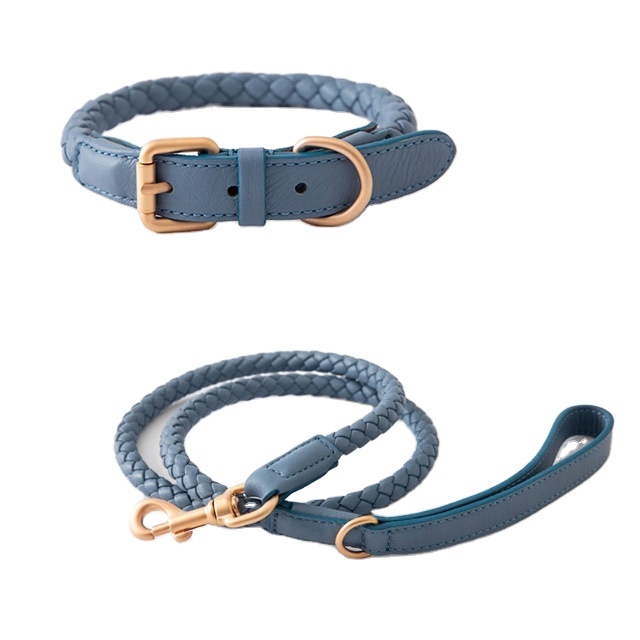 Manufacturer Pet Dog Collar Leash set Luxury Braided Leather Dog Leash Set Leather Woven Collar Leash For Dogs