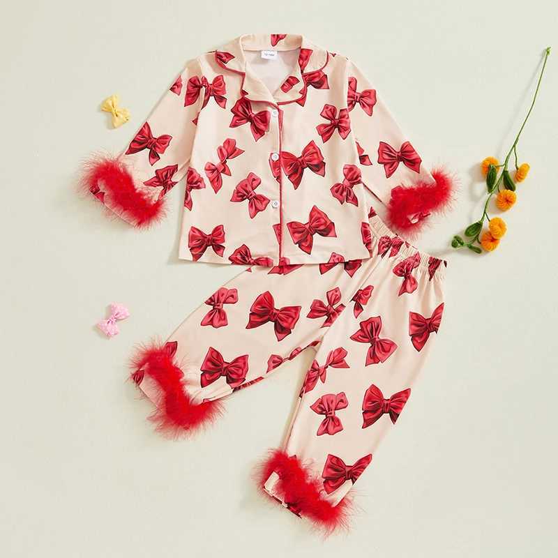 Clothing Sets 2-7Years Kids Girl Bow Print Pajama Sets Fall Winter Long Sleeve Lapel Neck Button-up Tops and Long Pants Plush Trim Loungewear H241126