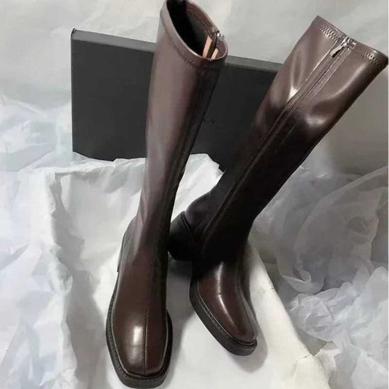 Female Shoes on Sale High Quality Side Zip Womens Boots Autumn Winter Square Toe Solid High Tube Block Heels Fashion Boots 241114
