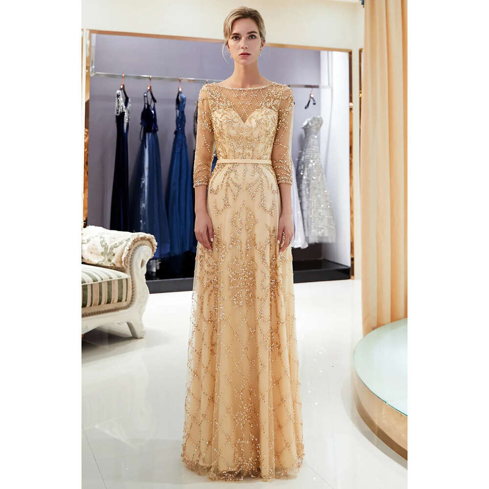 Tulle Long Evening Mermaid Beaded 2019 Half Sleeves Sequins Or Length Formal Party Prom Dresses 100% Real Image Cps1181 Lz0304