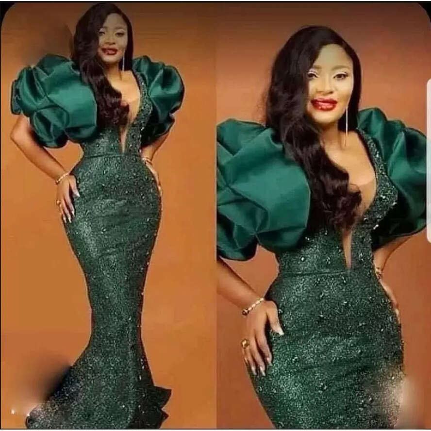 Elegant Green Prom Dresses With Puff Sleeves Beads Sequined Mermaid Evening Gowns Plus Size Special Ocn Party Dress Bc14347 For African Women