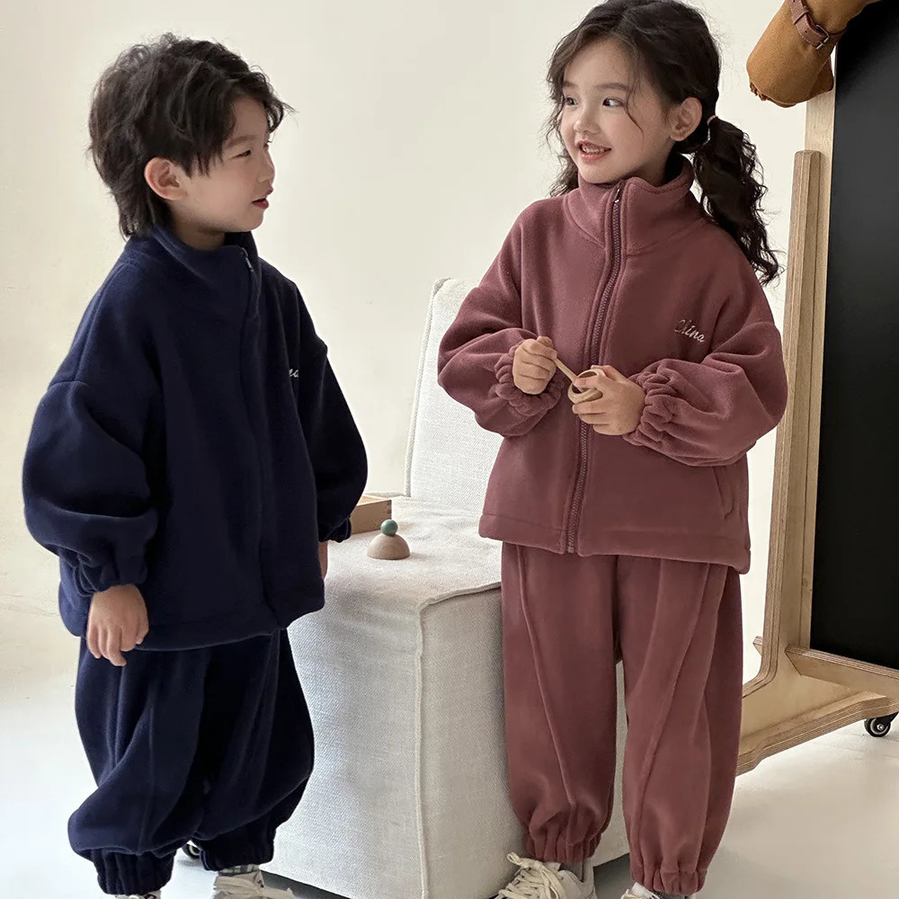Autumn Winter Children Boys 2PCS Clothes Set Fleece Warm Zipper Coat Solid Velvet Jogger Pants Suit Kids Boys Outfits 241126