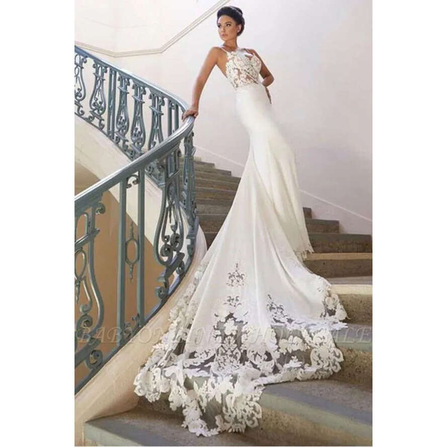 Sexy Lace Appliqued Mermaid Wedding Dresses Vintage Spaghetti Open Back Beach Bohemian Bridal Gown Bm0968