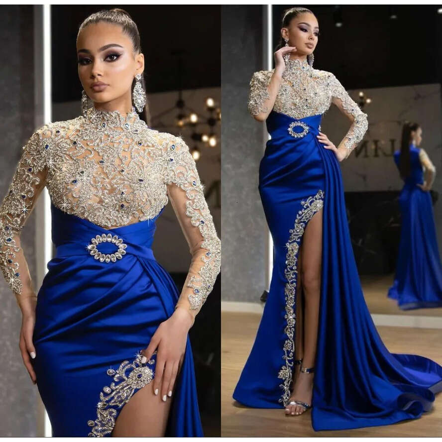 High Neck Vintage Evening Dresses Beaded Crystals Illusion Bodice Long Sleeves Split Formal Party Ocn Prom Gowns Arbaic Dubai Dress Bc