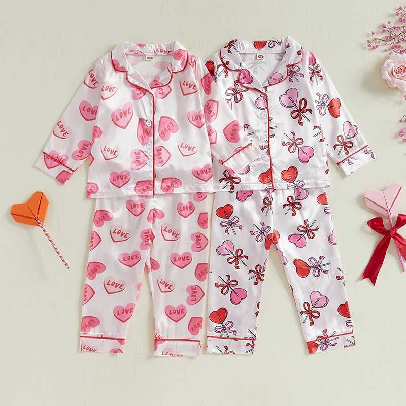 Clothing Sets Kids Girls Valentines Day Printed Pajamas Set Sweet Heart Print Long Sleeve Tops and Elastic Band Pants 2Piece Child Loungewear H241126