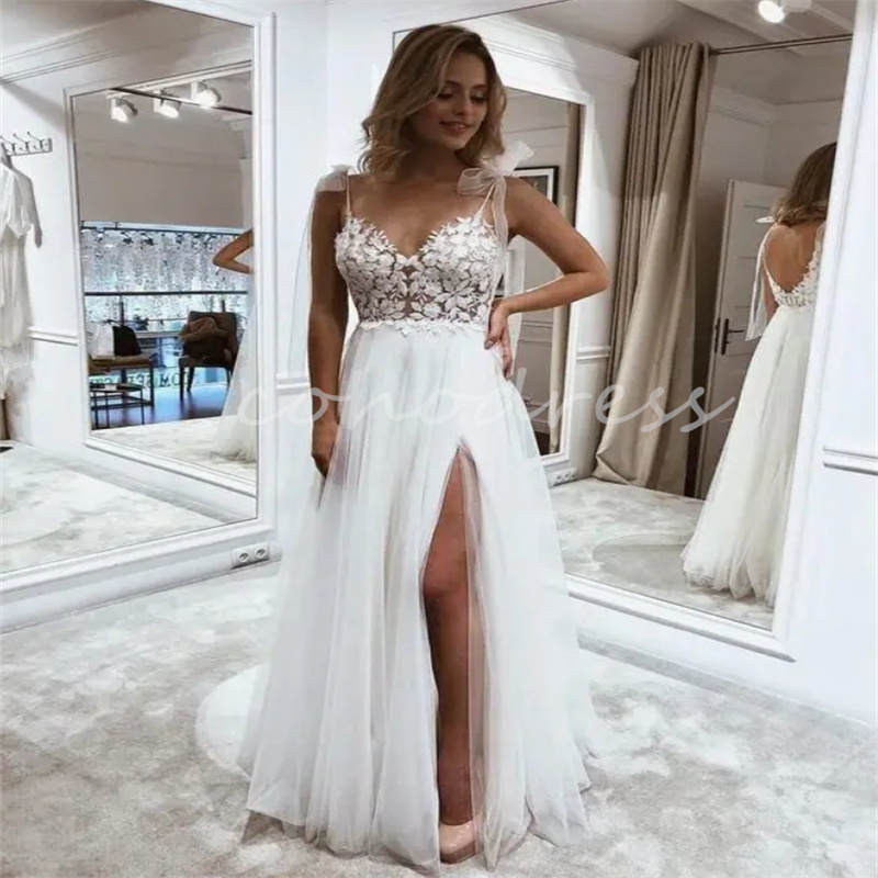 Fairy Boho Wedding Dress With Slit Civil Spaghetti Straps Lace Bohemian Bridal Gowns Sexy Backless Beach Bride Dress A Line Rustic Robe De Mariage 202