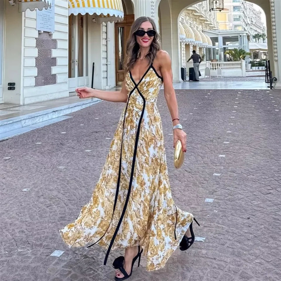 PB ZA autumn womens clothing fashionable temperament slim fit waist cinching casual Vneck suspender long printed dress 241112