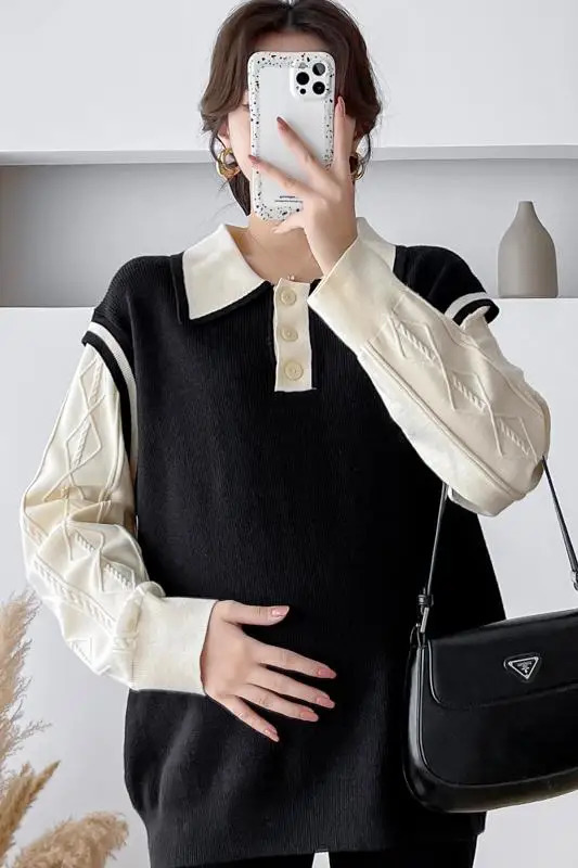 Winter Pregnant Womens Sweater Blocks Color Patching Work Collar Pregnant Womens Knitting Thread Fashion Pregnant Womens Knitting 241126