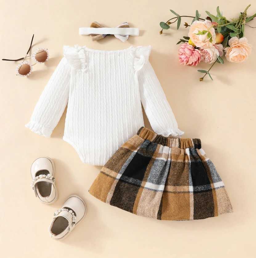 Clothing Sets Fashion Baby Girls Fall Winter Outfit Long Sleeve Ribbed Romper Plaid Print Skirt Headband 3 Piece Warm Babys Clothes Set H241126
