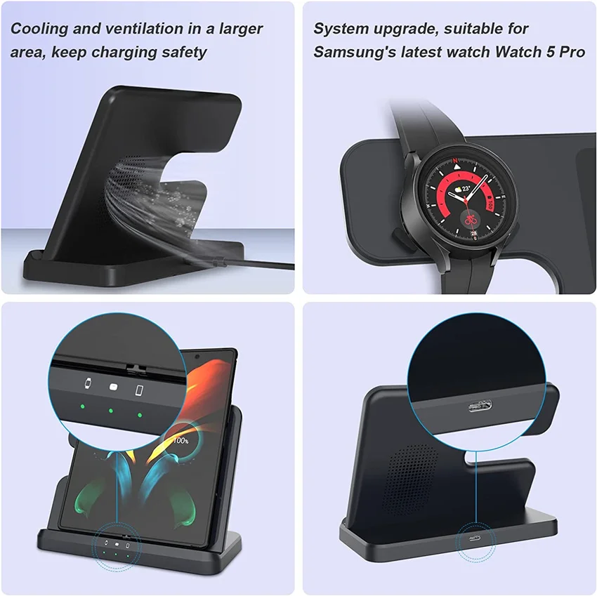 15W 3 In 1 Wireless Charger Stand Fast Charging Dock Station For Samsung Z Fold Flip S24 Ultra S23 FE S22 S21 S20 Galaxy Watch 5 4 3 Active 2 Gear S3 