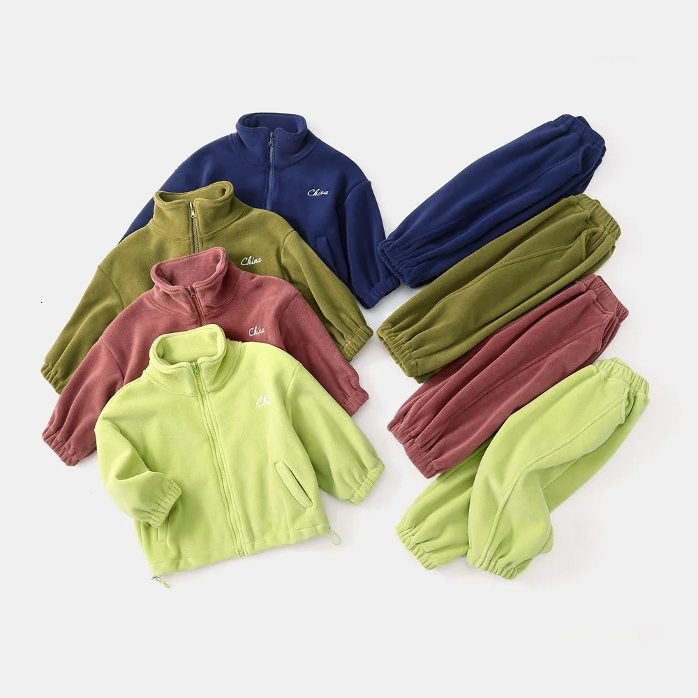 Autumn Winter Children Boys 2PCS Clothes Set Fleece Warm Zipper Coat Solid Velvet Jogger Pants Suit Kids Boys Outfits 241126