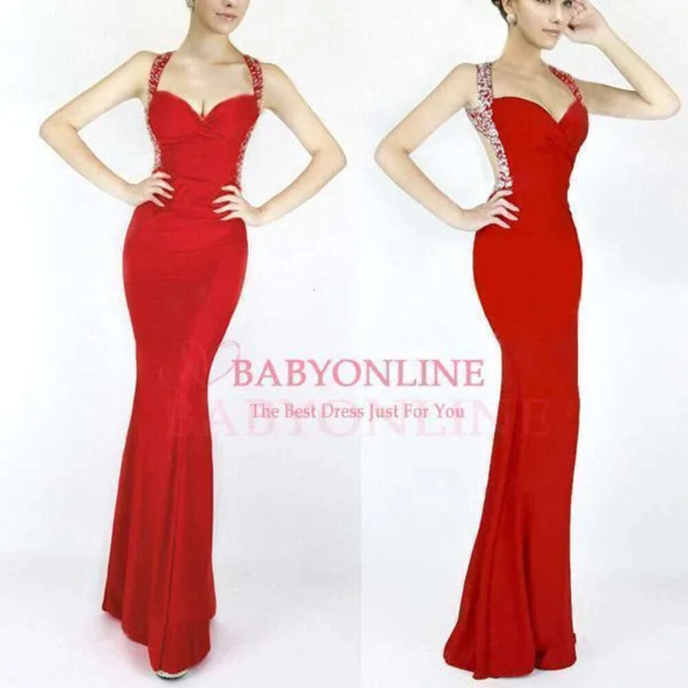 Red Prom Sexy Mermaid Spaghetti Straps Spandex Beaded Backless Long Formal Party Dresses Evening Gowns Cps