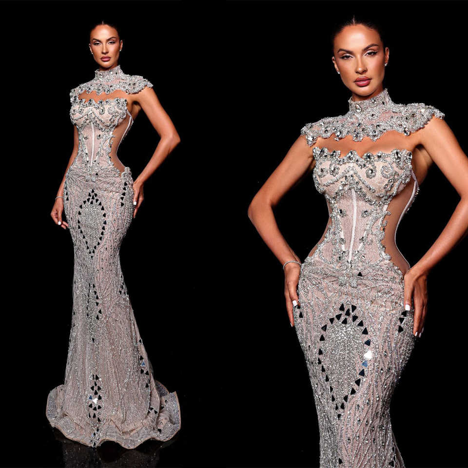 Luxury Crystal Wedding Dresses Beading Bride Gowns Mermaid High Neck Princess Custom Made Illusion Bridal Dress Vestido de novia