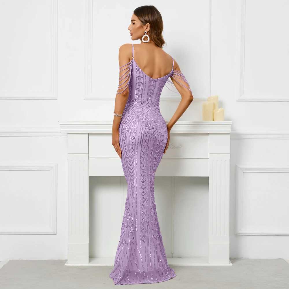 Runway Dresses YIDINGZS Women Sequin Dress Strap Beading Party Maxi Dress Sexy V Neck Evening Dress Long Prom Dress Y240426I1T4