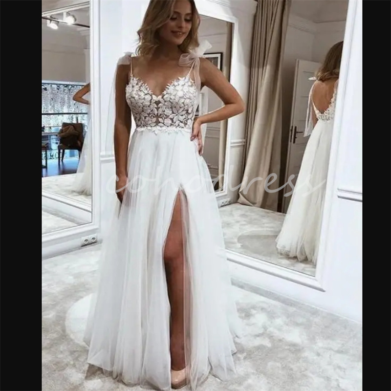 Fairy Boho Wedding Dress With Slit Civil Spaghetti Straps Lace Bohemian Bridal Gowns Sexy Backless Beach Bride Dress A Line Rustic Robe De Mariage 202