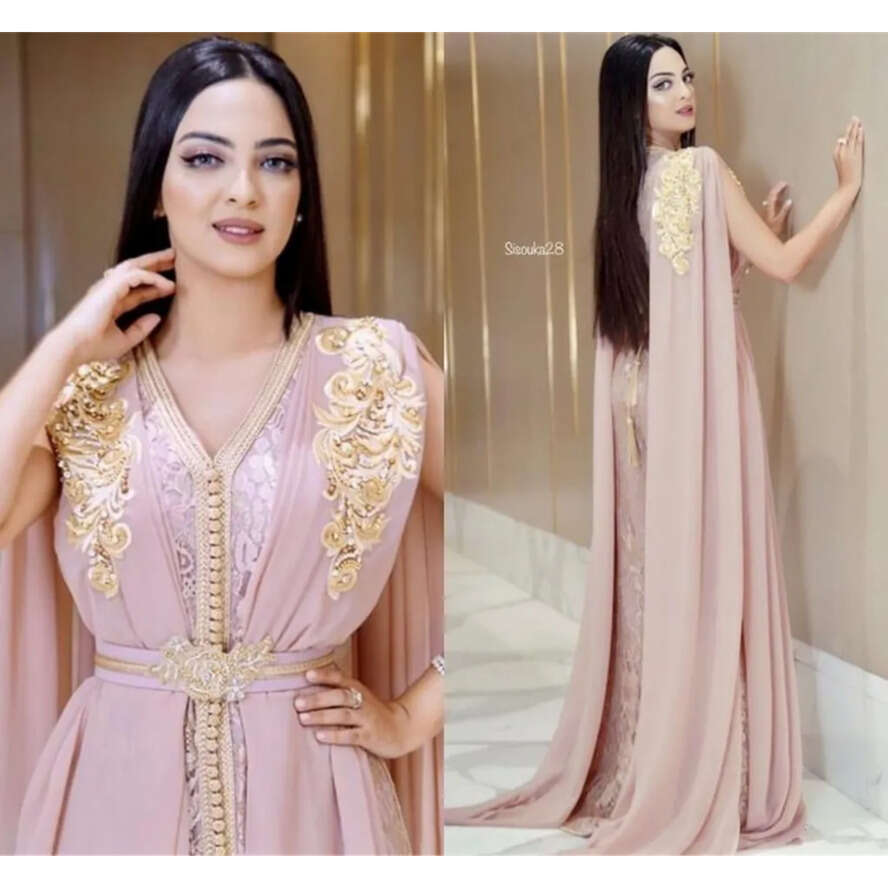 Blush Pink Beaded Muslim Long Dubai Moroccan Kaftan Dress Chiffon V Neck Formal Gown Evening Party Dresses