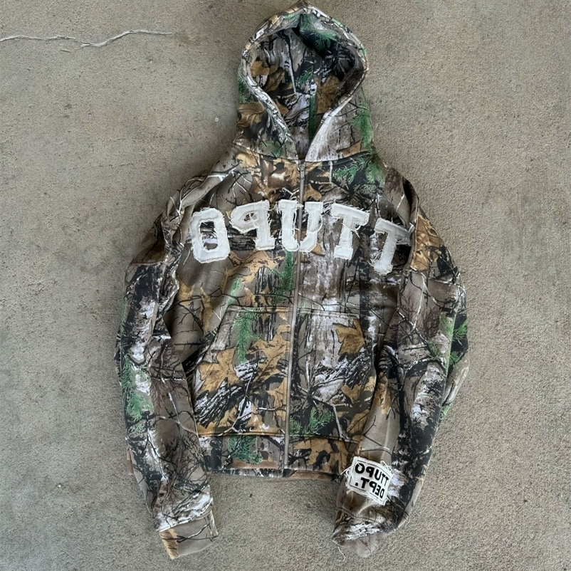Streetwear Zip Hoodie Y2K Clothes Mens Harajuku Hip Hop Retro Camo Letter Patch Oversized Hoodie Sweatshirt Gothic Jacket Hoodie 241112