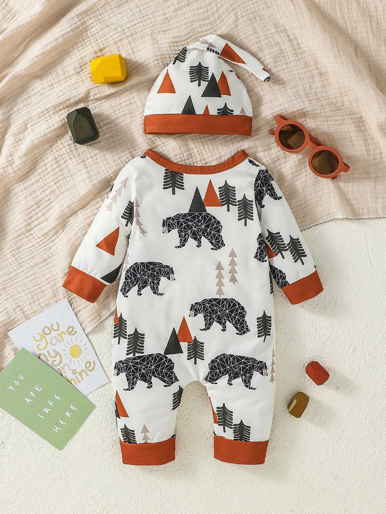 Clothing Sets 3Pcs 0-12M Baby boy Spring/ autumn Long Sleeve Print Trees Bear leisure and simplicity jumpsuits+Hat H241126