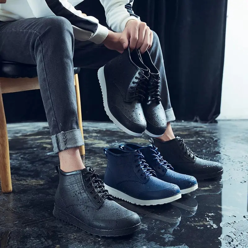 2024 Couple Lace Rain Boots Mens Outdoor Non slip Waterproof Work Waterproof Boots Fashion Couple Ankle Platform Rain Boots 241126