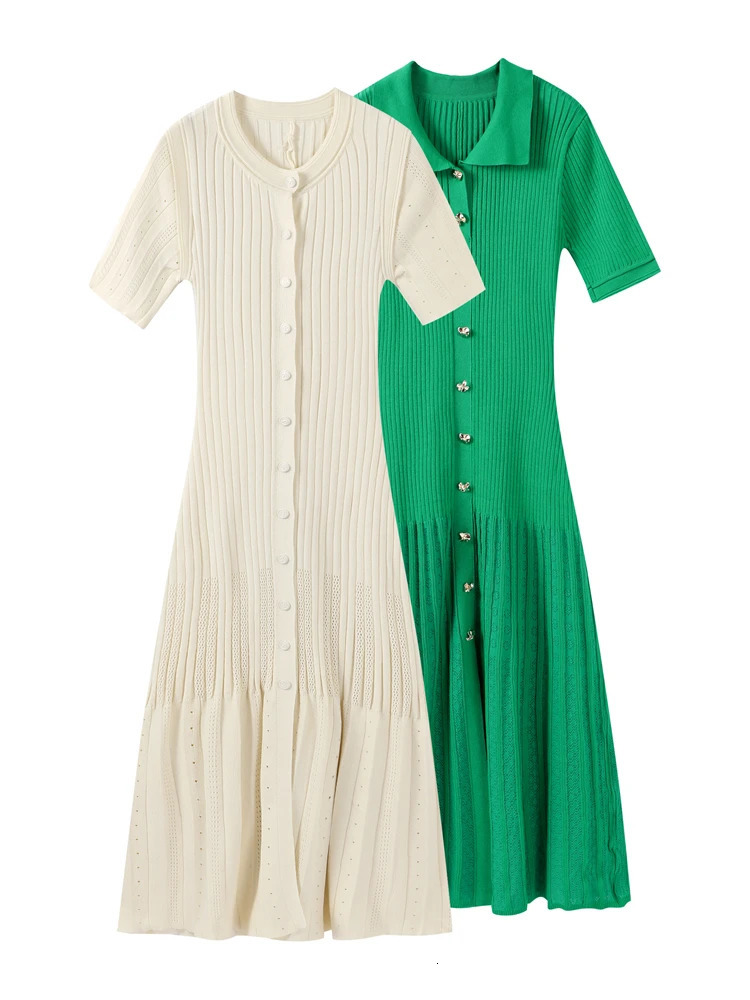 Elegant ribbed knitted long dress for women ultra-thin short sleeved single chest Hip packaging dress Autumn Commuting Knitted Dress 241125