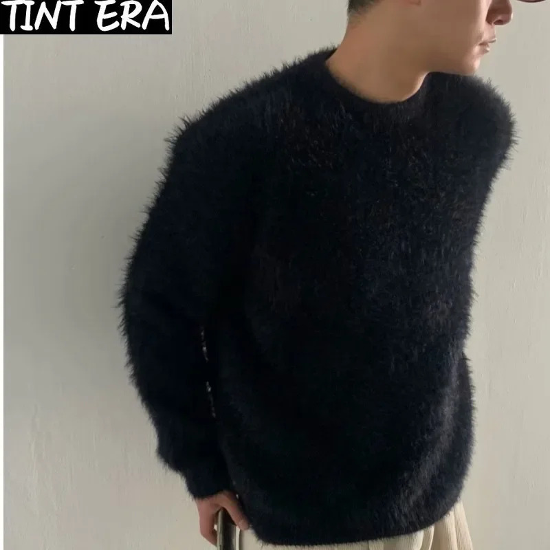 Mohair sweater mens South Korean thick warm knit autumn loose casual long sleeved woolen streetwear 241126