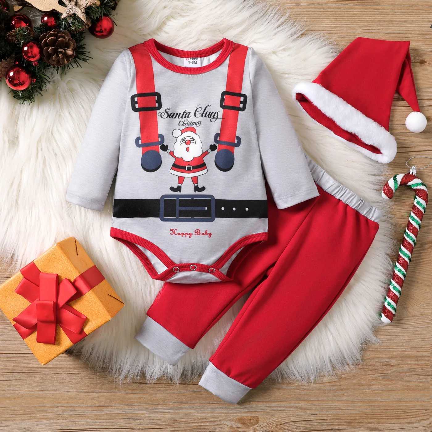 Clothing Sets 3PCS Baby Boy Fabric Stitching Christmas Long Sleeve Top/Pant/Hat Set H241126