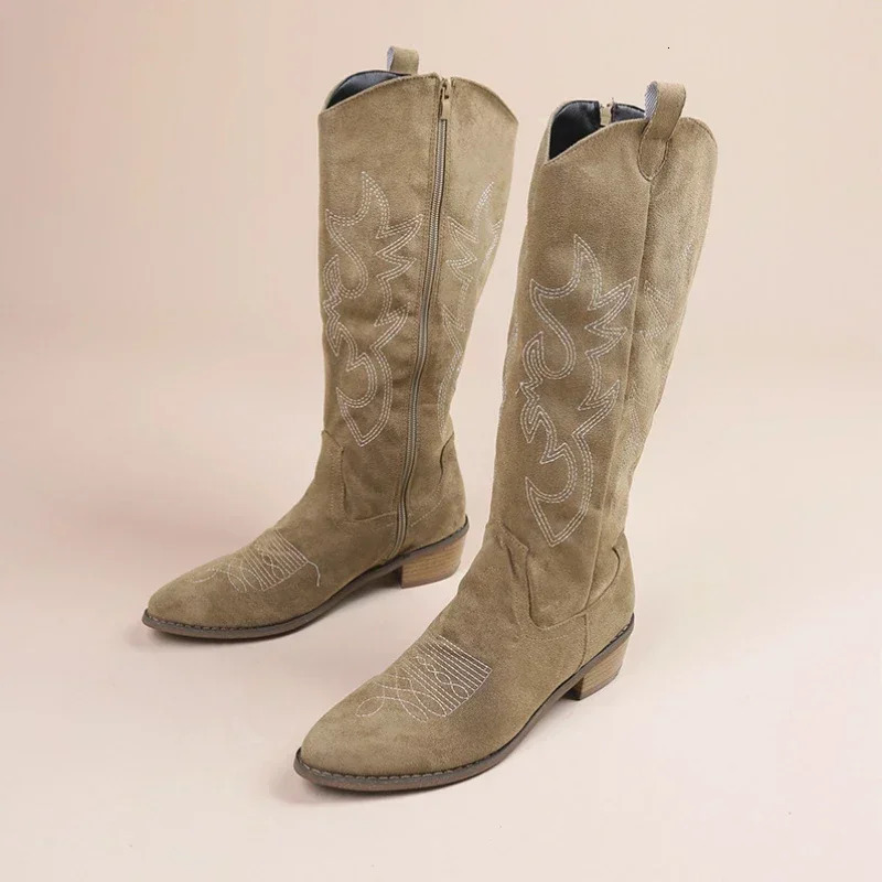 Embroidered Western Cowboy Boots for Women Autumn Pointed Toe Thick Heel High Knee Boots Woman Loose PU Leather Long Botas Mujer 241114