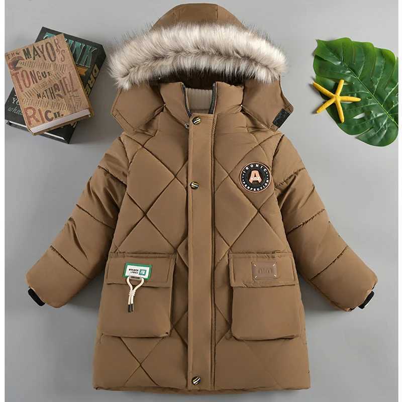 Down Coat 2024 Winter New Boys Jacket Solid Color Lining Plush Keep Warm Fur Collar Hooded Zipper Outerwear For 4-10Y Teen Kids Snowsuit H241123E0R8
