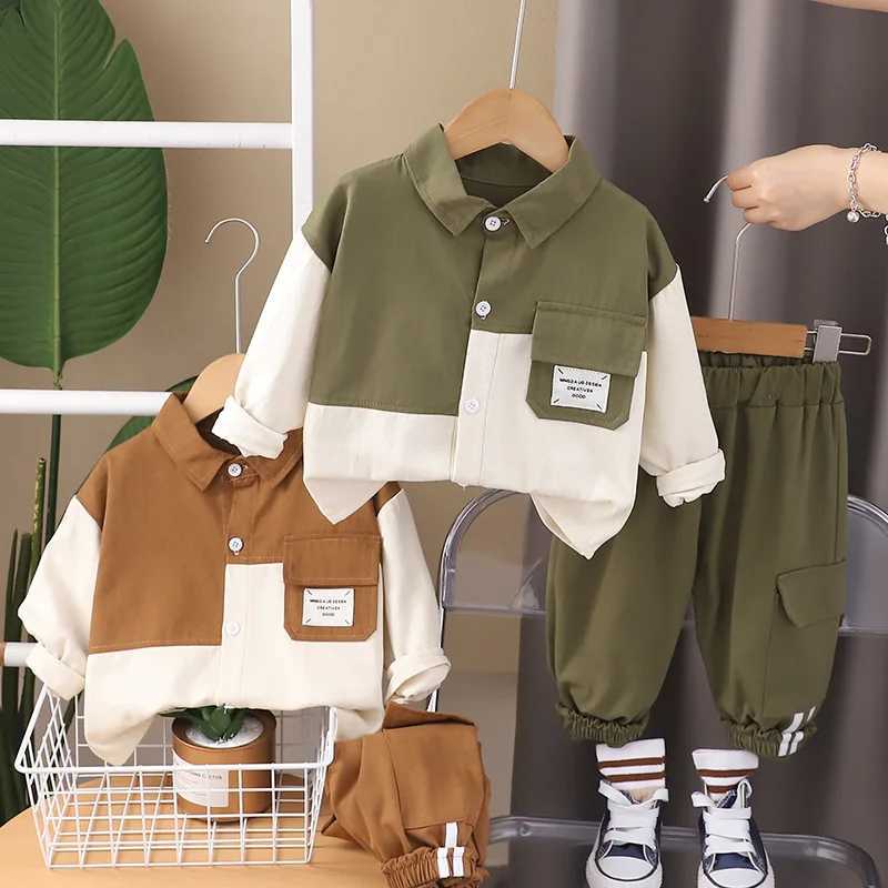 Clothing Sets Spring Autumn Children Clothing Set Baby Boys Patchwork Lapel Shirt + Cargo Pants 2Pcs for 1-5 Years Kids Casual Tracksuit H241126