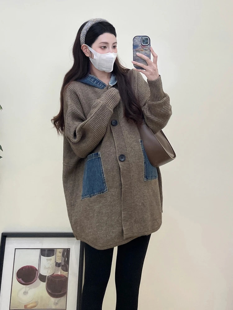 maternity coat hooded denim patch work sweater maternity loose cardigan wool sweater maternity coat fashionable autumn clothing 241126