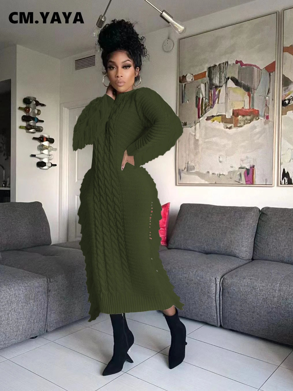 CMYAYA Women Long Sleeve Tassel Bodycon Midi Knit Straight Maxi Dress Autumn Winter Oneck Sweater Vestidos Dresses 241112