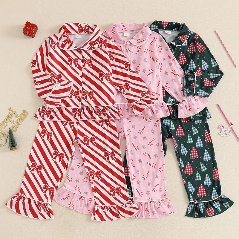 Children Kids Baby Girls Christmas Pajamas Sets TreeCandy CaneBow Print Shirts Tops Long Pants 2 Pieces Lounge Suit Sleepwear 241126