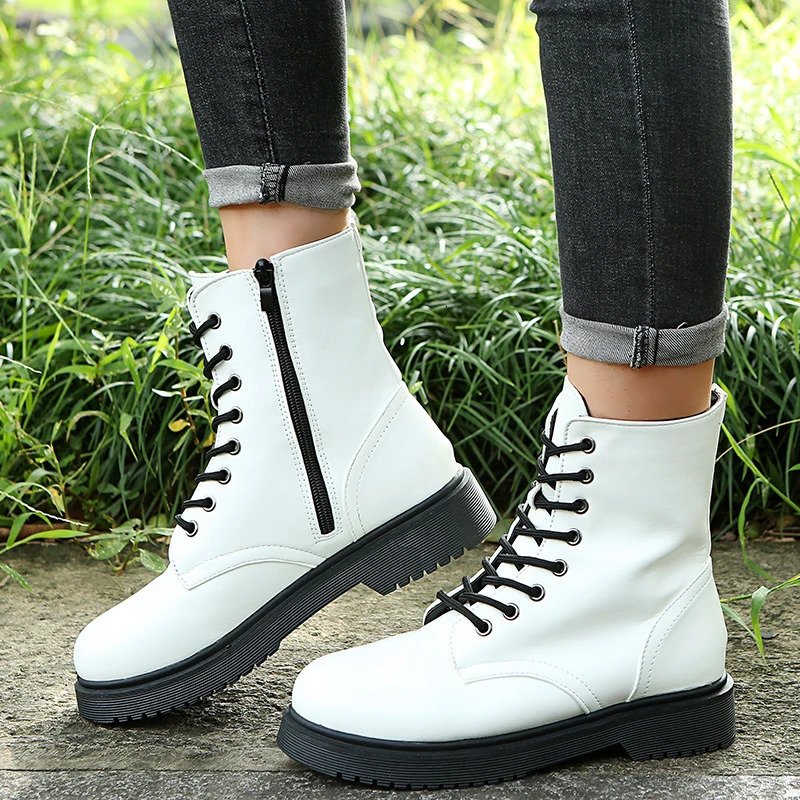 Womens Martens Boots PU Leather White Ankle Boots Autumn Winter Motorcycle Boots Fashion Female Chunky Heel Platform Boots 241114
