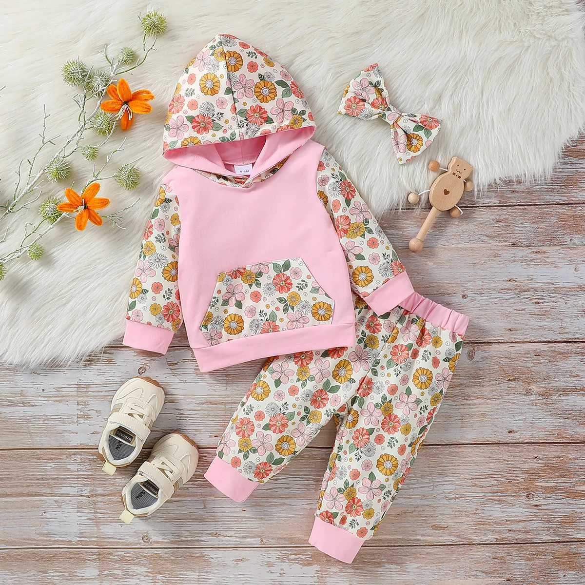 Clothing Sets 3Pcs baby Pink girl autumn casual and cute flower printing long-sleeve Hooded Sweatshirt + trousers Clothes +Headband H241126