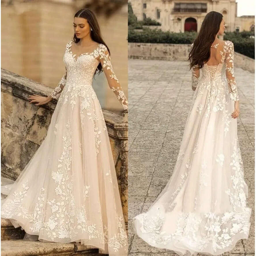 Elegant Long Sleeves A E Wedding Dresses Sheer Scoop Neck Tulle Applique Sweep Train Bridal Gowns Bride Dress Custom Made With Lace UP