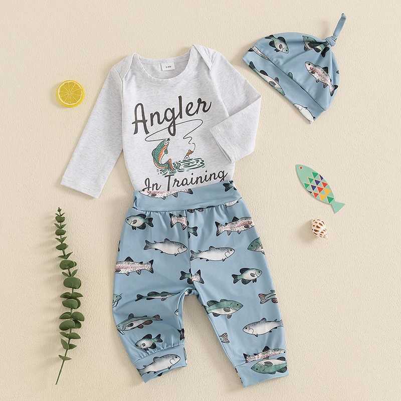 Clothing Sets Infant Boys 3-Piece Autumn Ensemble with Long-Sleeve Bodysuit Fish Patterned Trousers and Matching Beanie - Newborn Apparel H241126