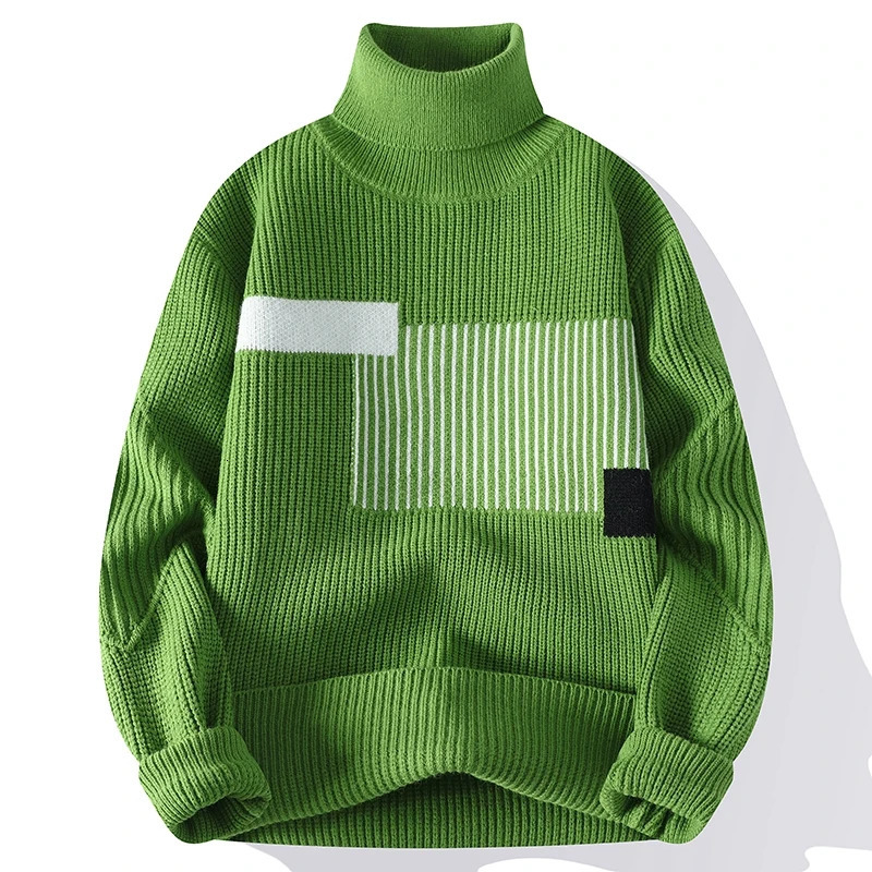Autumn and Winter Fashion Turtle Neck Sweater Mens Patch Work Knitted Lanhua Korean Casual Sweater Loose Mens Warm Lanhua Knitted 241126