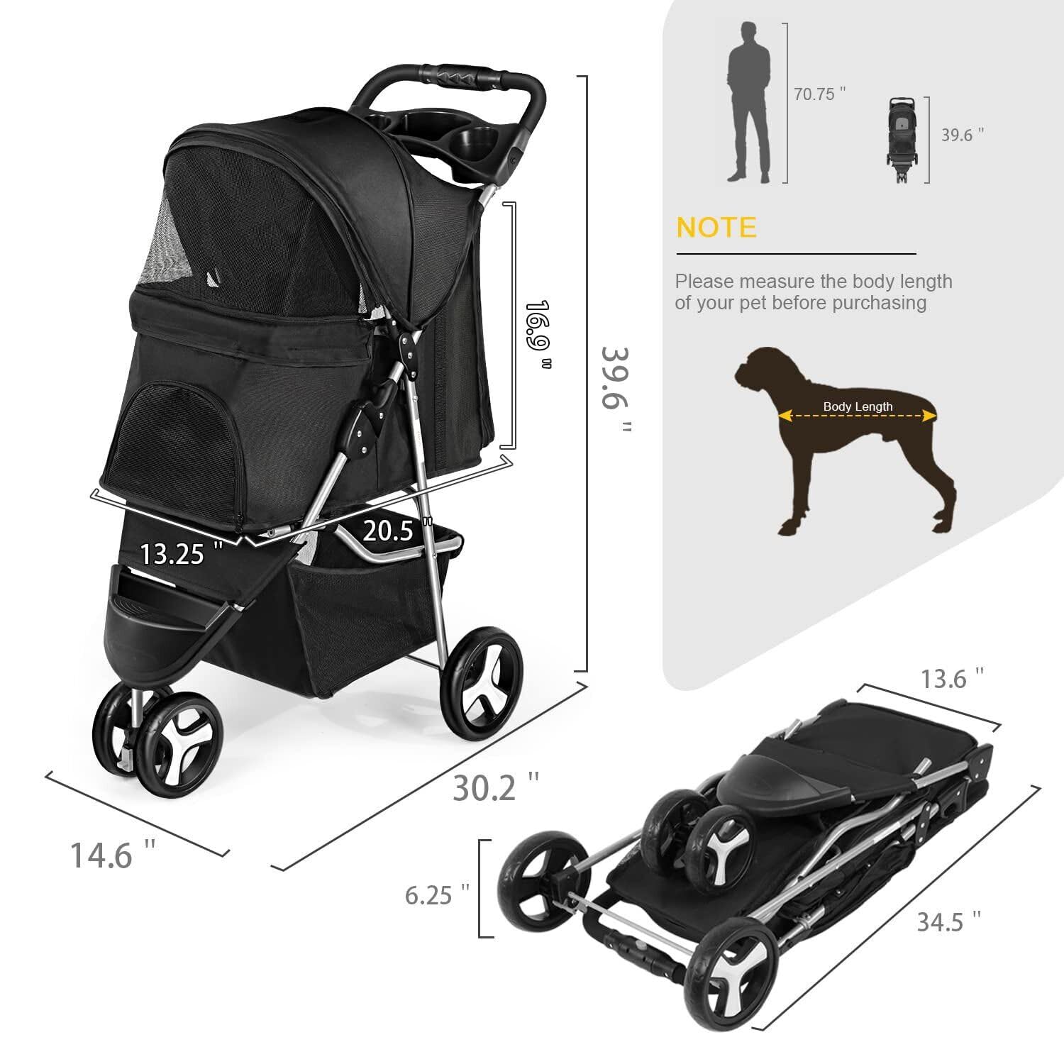 Dog Stroller Pet Trrolley for Small Medium Dogs Cats Foldable Dog Jogging Cage Travel Carrier with Cup Holder and Storage Basket