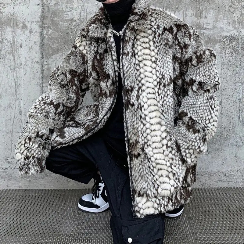 Cotton clothing mens fashion imitates fur snake pattern quilted jacket cashmere coat street style retro loose couple style 241126