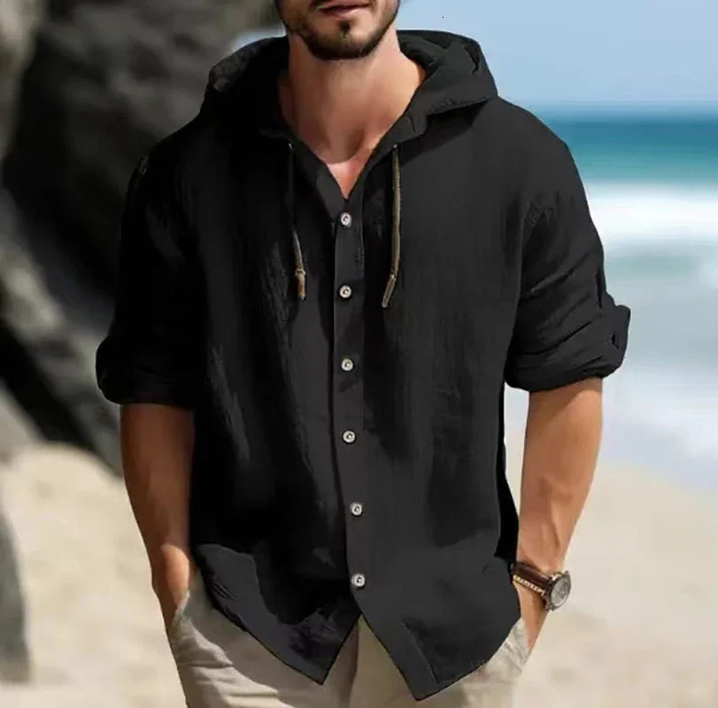 Summer mens linen shirt solid street clothing long sleeved hooded cardigan mens casual loose button mens shirt 241126