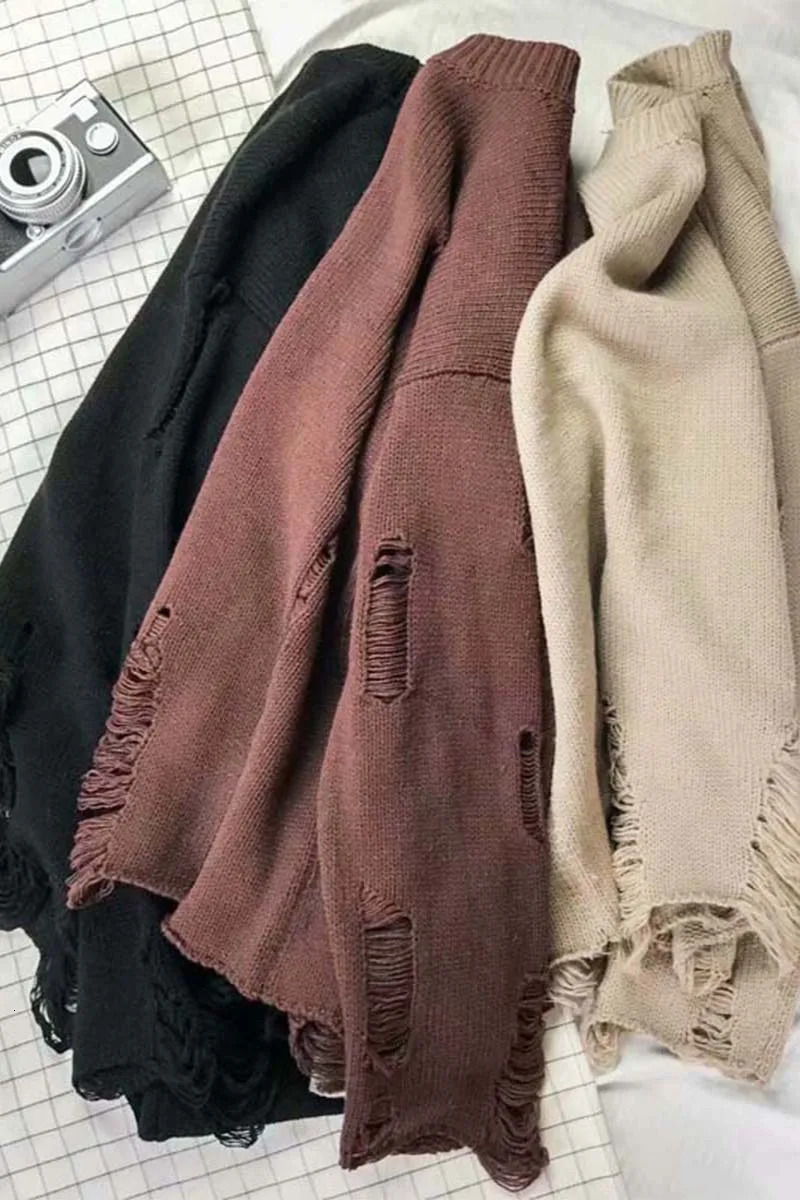Lazy Streetwear mens style O-neck knitted cardigan sweater retro couple loose pull mens knitted hole sweater E91 241126