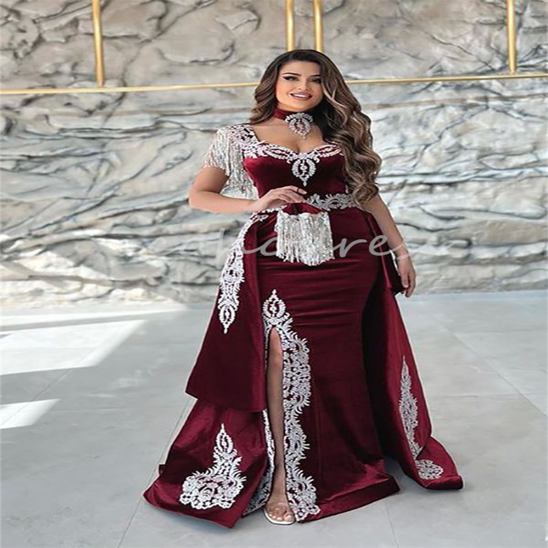 Charming Caftan Moroccan Evening Dress With Detachable Train Mermaid Velvet Burgundy Prom Dress Slit Arabic Israel Lace Party vestido de gala noche mu