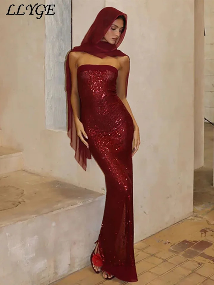 Sexy sequin strapless long party for women elegant patch work backless hip bag womens slim fit evening dress 241125