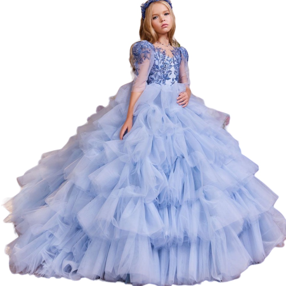 2024 Lovely Flower Girls Dresses For Weddings Half Sleeves Scoop Neck Lace Appliques Crystal Princess Kids Birthday Girl Pageant Gowns Sweep Train Lig