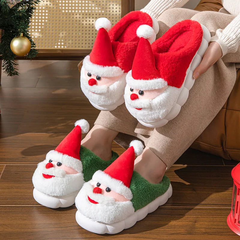 2024 Winter Christmas Sliders Santa Claus Fluffy Sliders Soft and Warm Plush Mat Sliders Men and Women Home Cotton Sliders 241126